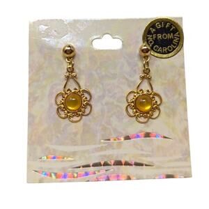 Vintage 14K Gold Plated Mother of Pearl Drop Earrings Floral Filigree USA Made
